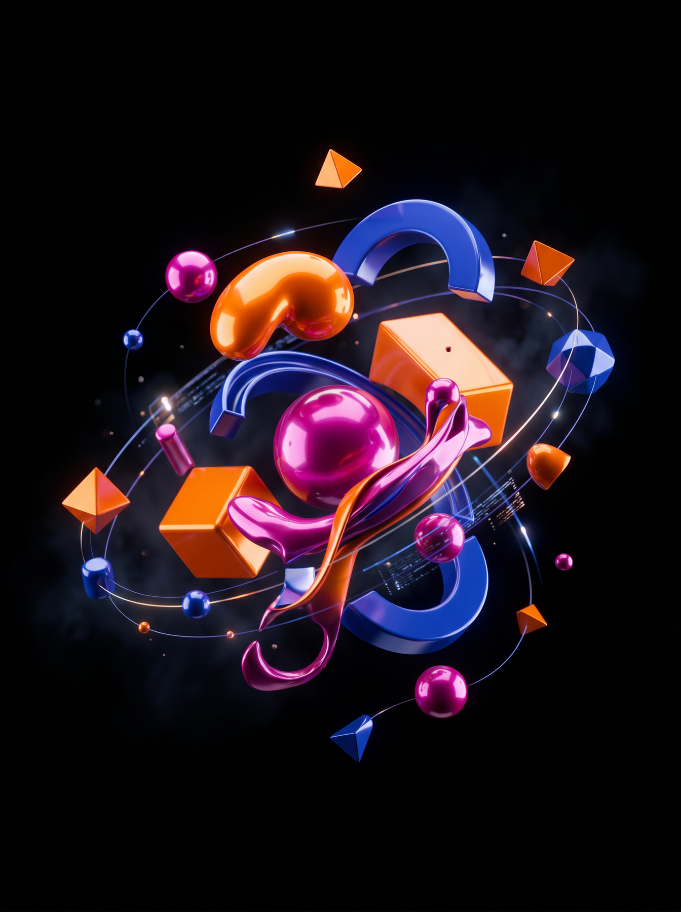 Abstract 3D composition of geometric shapes in the studio's brand colors.