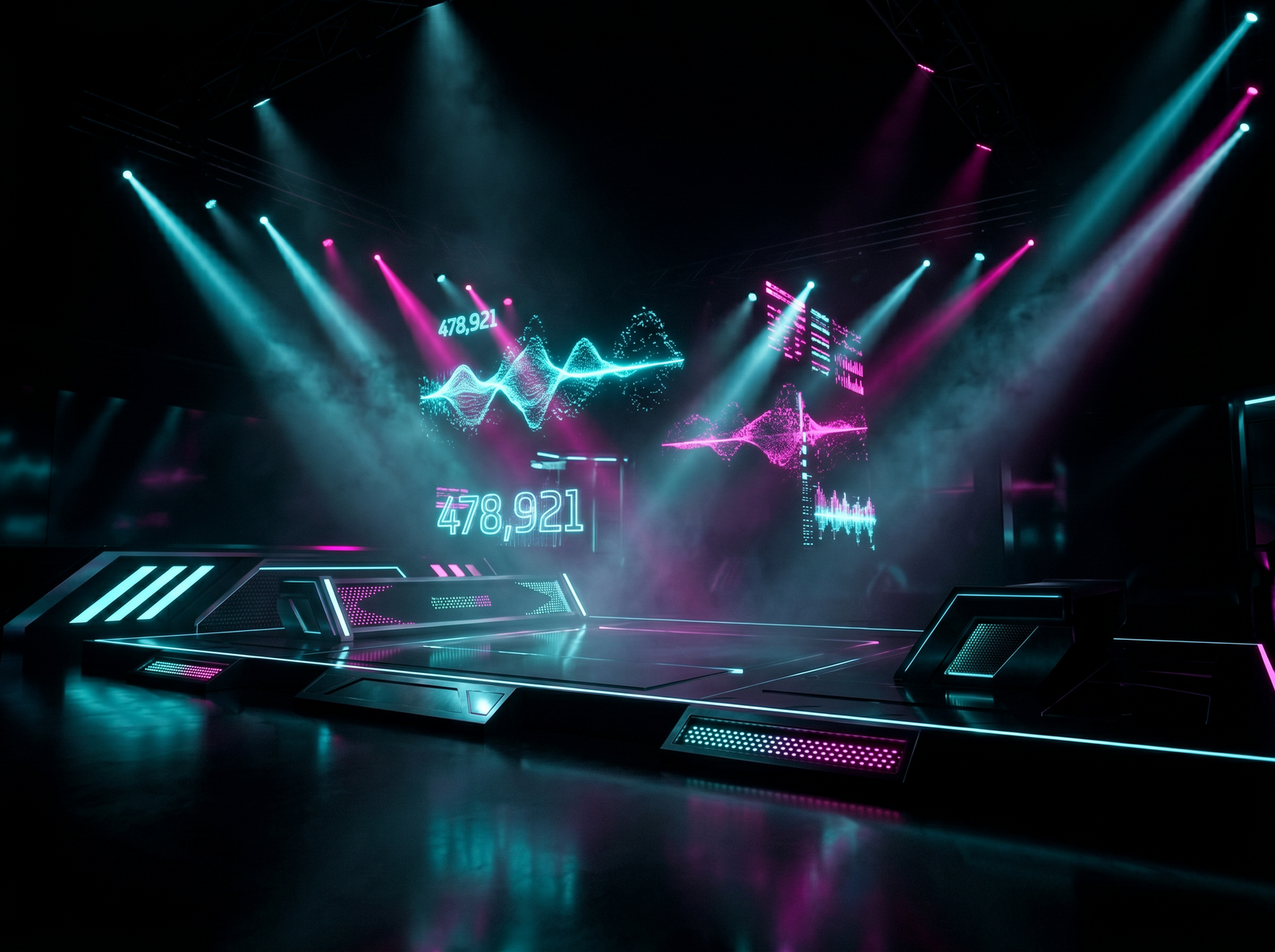 Abstract render of an esports broadcast stage with dramatic lighting.