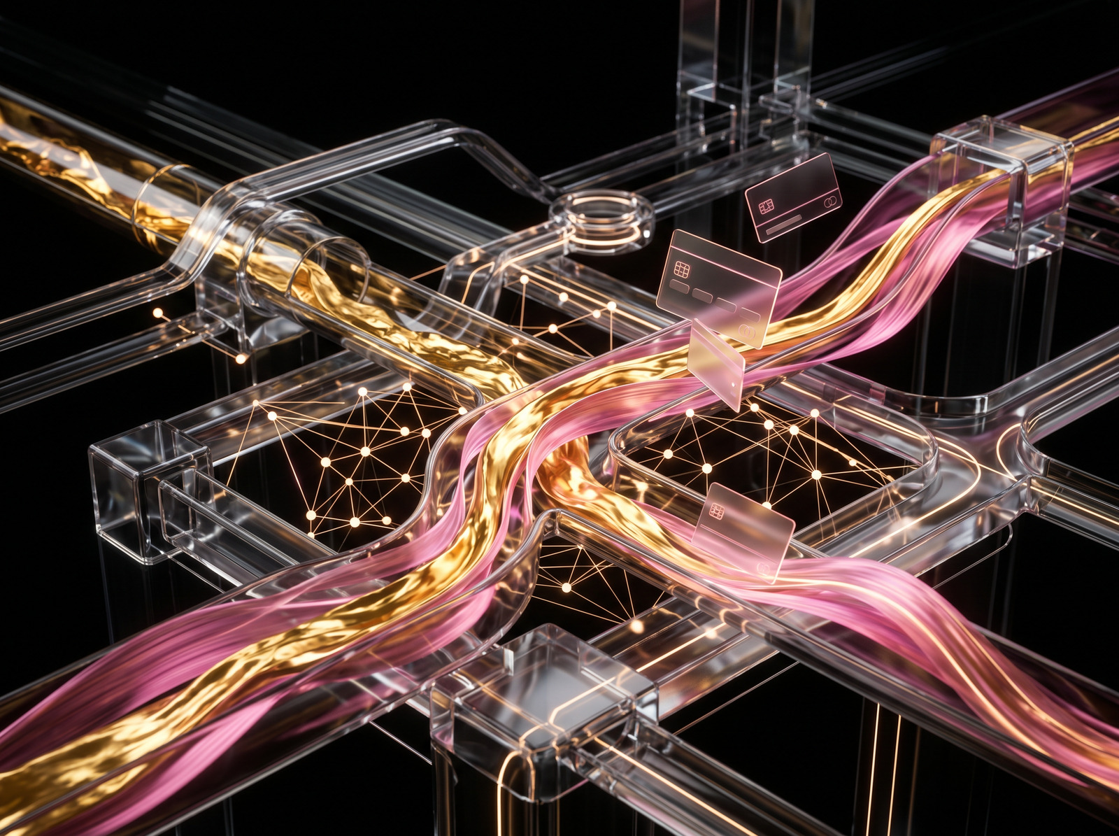 Abstract render of payment flows through a transparent network of channels.