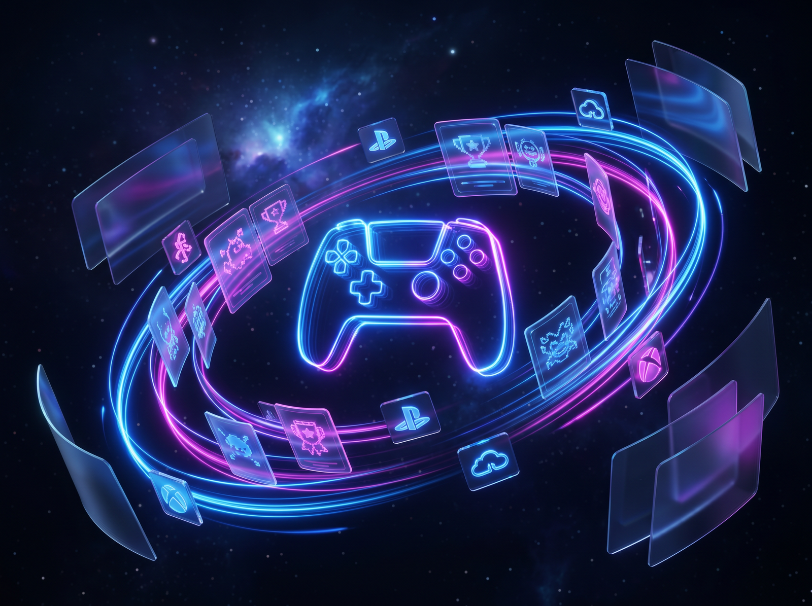Abstract render of a unified gaming universe with orbiting platform cards.